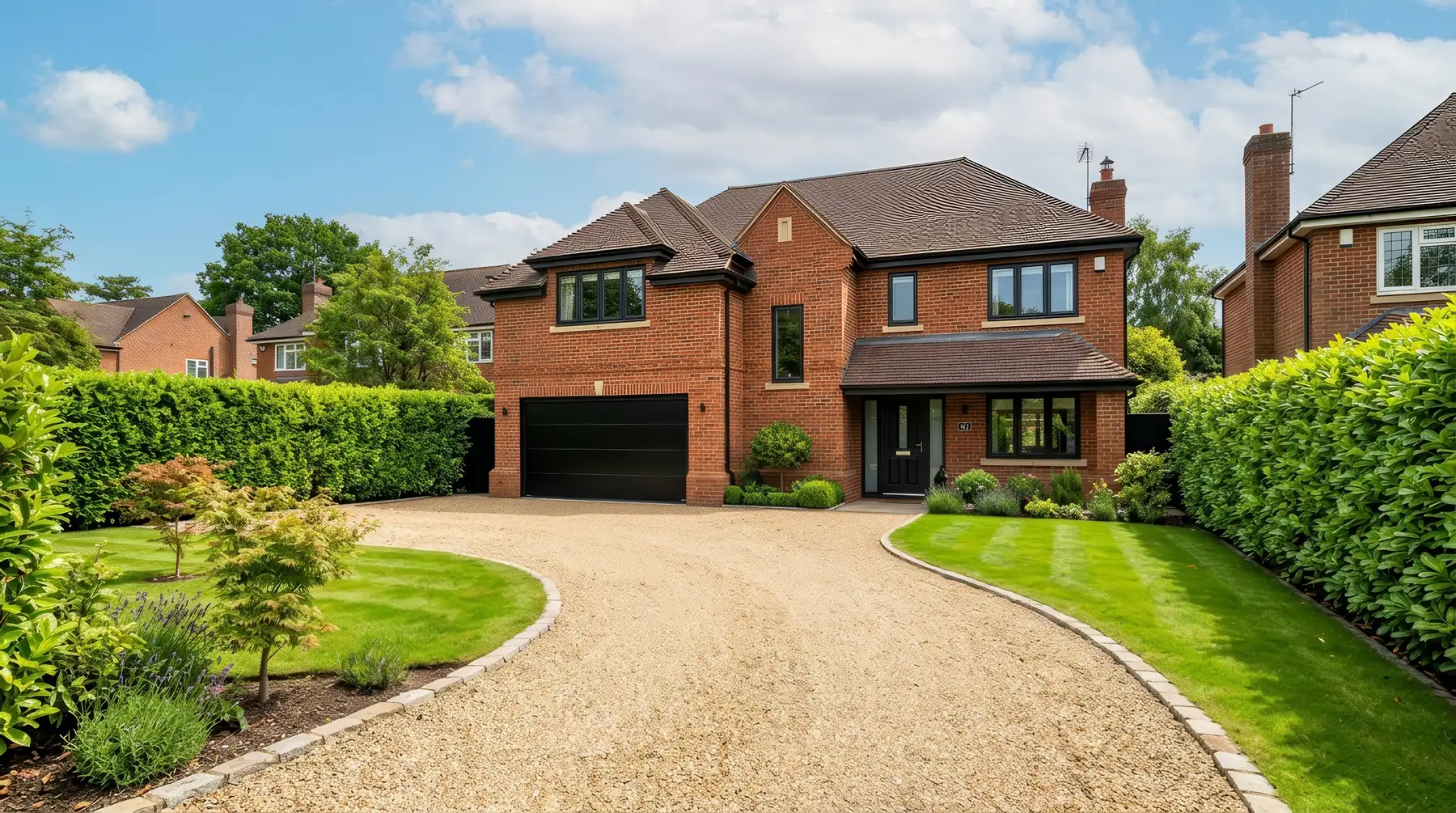 Curved gravel driveway between lawns in front of a detached house