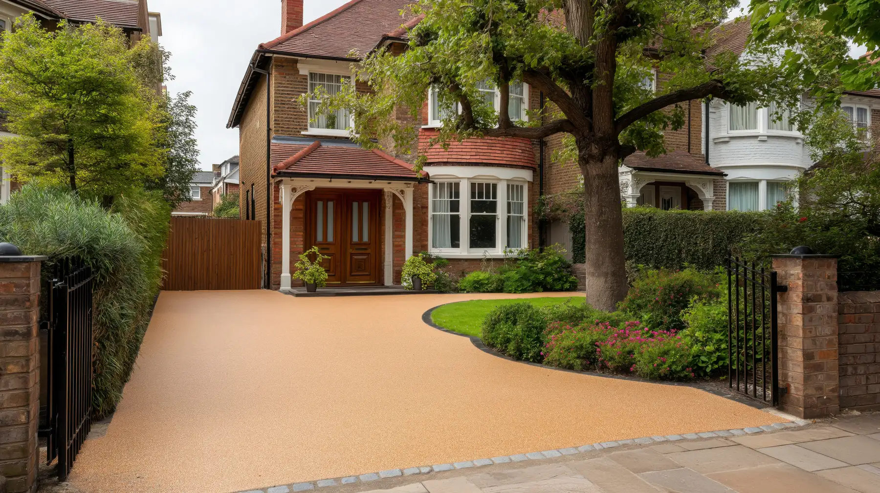 Buff resin bound driveway curving past a lawn to the front door